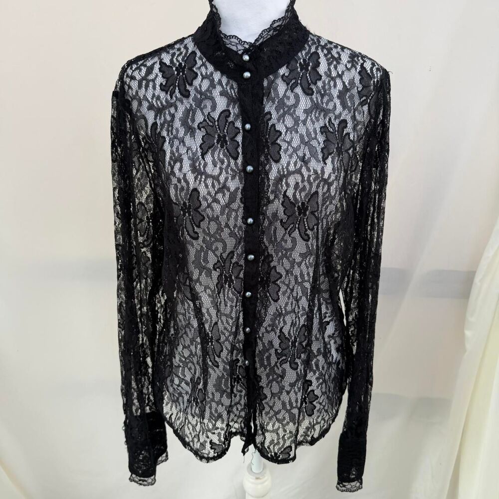 White Stag Black Lace Button Down Blouse Womens XL Whimsygoth Victorian Poetcore